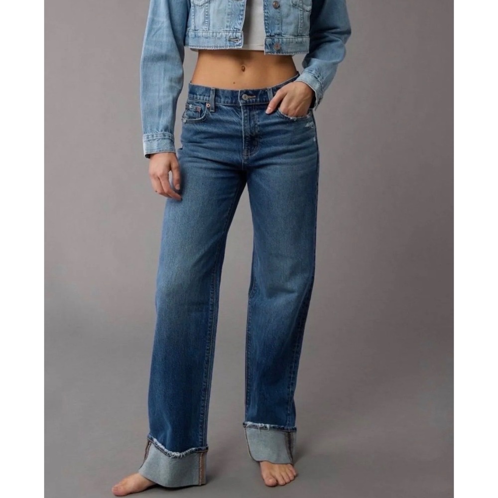 American Eagle Stovepipe Jeans Women 00 Medium Wash Wide Cuff Straight Leg